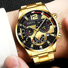 Load image into Gallery viewer, 4pcs Luxury Men Business Quartz Watch Gold Alloy Roman with Calendar Wrist Watch Cross Necklace Bracelet Ring Set Men&#39;s Gift