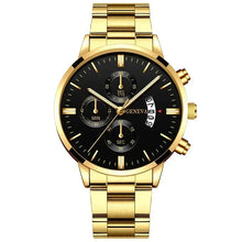 Load image into Gallery viewer, 4pcs Luxury Men Business Quartz Watch Gold Alloy Roman with Calendar Wrist Watch Cross Necklace Bracelet Ring Set Men&#39;s Gift