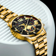 Load image into Gallery viewer, 4pcs Luxury Men Business Quartz Watch Gold Alloy Roman with Calendar Wrist Watch Cross Necklace Bracelet Ring Set Men&#39;s Gift