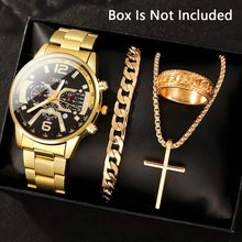 Load image into Gallery viewer, 4pcs Luxury Men Business Quartz Watch Gold Alloy Roman with Calendar Wrist Watch Cross Necklace Bracelet Ring Set Men&#39;s Gift